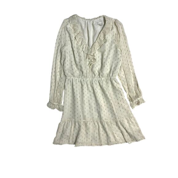 Ann Taylor Loft Off White Cream Gold Ruffle V-Neck Dress Long Sleeve Size Medium - Picture 1 of 11